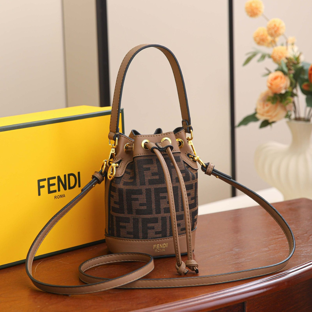 FENDI Women’s Designer Bucket Handbag – Brown Monogram Luxury Purse | Premium Fashion Bag in Dubai, UAE